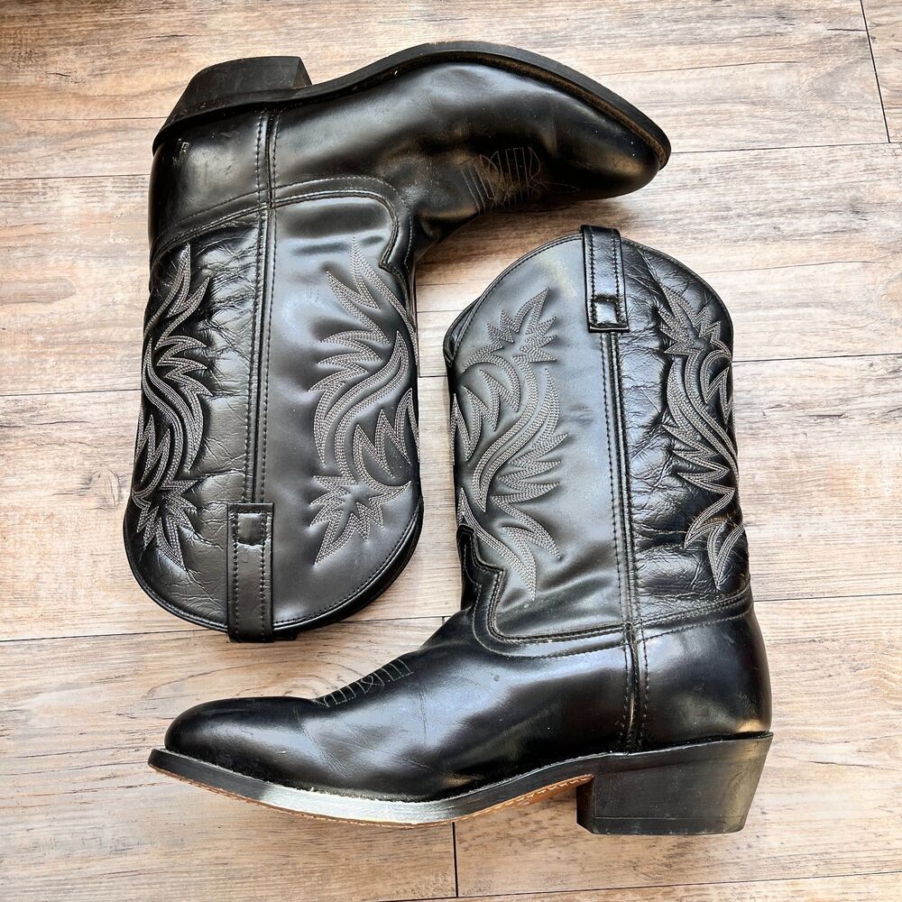 Laredo Cowboy Boots Mens 12D Black Leather Western Pull On Stitched Vintage